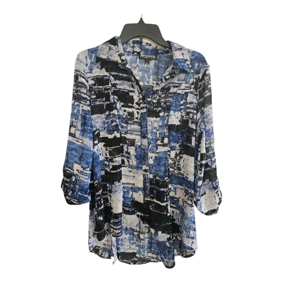 Mishca Blouse Women M Mixed Media Print Roll Tab Sleeve Colorful Button Up - Picture 1 of 14
